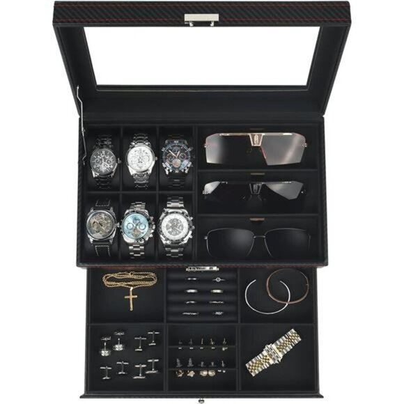 Mens Watch Jewelry Box Organizer with Glass Lid Sunglass Storage Gift Case - Picture 1 of 7
